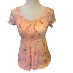 Y2K Babydoll Empire Waist Peach Floral Embroidered Lace-Trim Tie-Waist Top Small